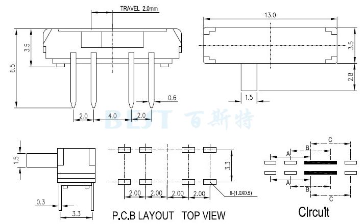 微型撥動開關(guān)MSK23D38參考圖紙