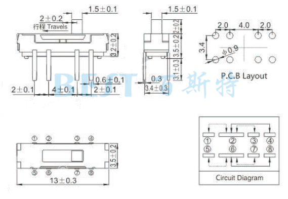 微型撥動開關MSS-23D38參考圖紙